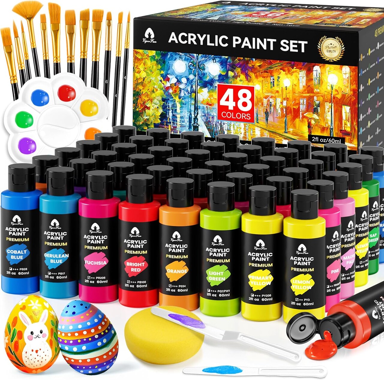 64 Pcs Acrylic Paint Set with 12 Brushes, 2 Knives & Palette, 48 Colors (2oz/60ml)